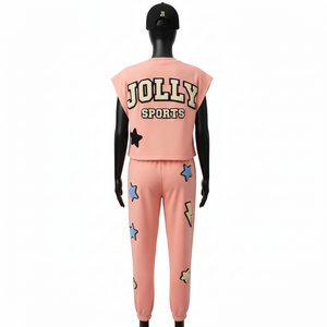 Ensemble deux pièces décontracté sans manches pour femme en tissu coton-polyester premium 240 GSM, couleur pêche, avec logo brodé - Product Image 2