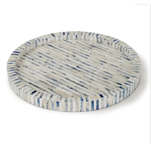Plateau de service rond artisanal en os bleu rayé, plateau décoratif de luxe pour table basse, salon, décoration intérieure - Product Image 1