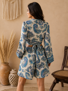 Women's Blue Paisley Print Recycled Materials Cotton Loose Fit Boho Midi Crop <b>Top</b> Shorts All Seasons Beach Party Casual Wear - Product Image 2