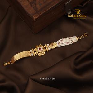 Pulsera de Cadena y Eslabones de Oro Sólido de 22K con Perlas Florales Clásicas, Joyería de Boda Tradicional India de Diseño Unisex, 13.750g - Product Image 2