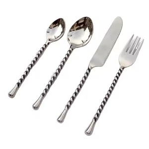 Cutlery <b>Set</b> Vintage Spiral Twisted Handle Metallic Silver Stainless Steel 4pcs Cafe <b>Bistro</b> Tableware Cutlery <b>Set</b> - Product Image 1