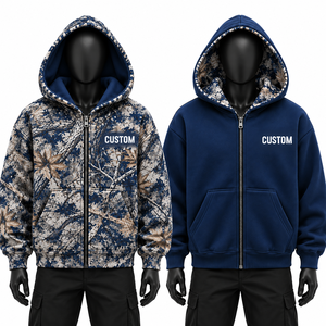 Sweat à capuche réversible personnalisé motif feuille, intérieur polaire bleu marine, poche avant, vêtement d'hiver, fournisseur B2B en gros USA - Product Image 1