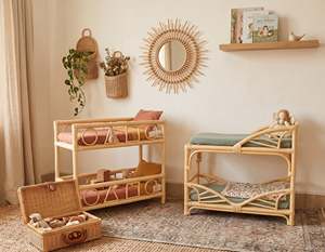 Lit superposé en rotin naturel fait main pour poupées, tapis tissé écologique, lit double miniature pour maison de poupée, berceau de jeu d'imitation - Product Image 2