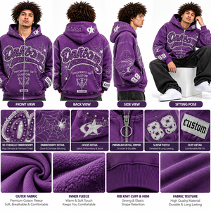 Sudadera con capucha para hombre, con bordado de telaraña, cremallera completa, corte oversize, detalles de tachuelas, forro polar grueso, gráfico, estilo urbano, venta al por mayor - Product Image 5
