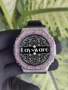 Luxury Iced Out VVS Moissanite Diamond <b>Watch</b> Pink Gemstone Bezel <b>Black</b> Rubber Strap Analog Digital Hip Hop Unisex <b>Watch</b> - Product Image 3