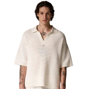 Men <b>White</b> Knitted Oversized <b>Polo</b> Shirt Short Sleeve Textured Knit Casual Summer <b>Top</b> Loose Fit Pullover <b>Polo</b> OEM - Product Image 3