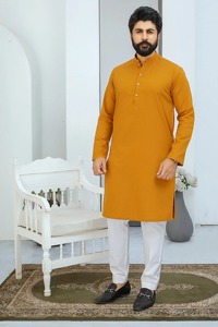 Men's Mustard Cotton Salwar Kameez <b>Long</b> Sleeve Modest Stand Collar Regular Fit Casual Daily Wear Midi Length India Pakistan - Product Image 1