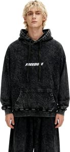 Sweat-shirt à capuche oversize pour homme, noir, en coton French Terry délavé à l'acide, imprimé Freedom, décontracté, pour l'automne - Product Image 2