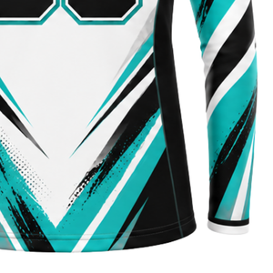 Veste de sport à col zippé turquoise, blanc et noir, à manches longues, pour l'entraînement athlétique et la course, performance optimale, vêtement de sport personnalisé, fermeture frontale. - Product Image 6