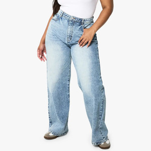 Nouveau pantalon tendance grande taille pour femme, jean taille haute à jambe large en denim délavé, coupe ample, longueur intégrale, style décontracté printemps - Product Image 1
