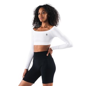 Top Corto sin Costuras para Mujer, con Hombros Descubiertos, Manga Larga, Estampado Blanco, Elástico, para Gimnasio, Yoga, Entrenamiento - Product Image 3