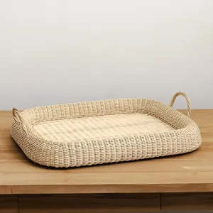 Artisanal Rounded Edge Woven Rectangular Rattan Tray Handmade Storage Basket Featuring Thick <b>Border</b> For Coffee Table <b>Display</b> - Product Image 3