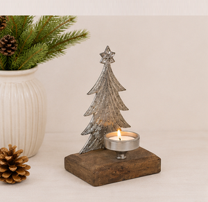 Handcrafted Nickel-Plated Aluminum Christmas <b>Tree</b> Tealight Holder Rustic Mango Wood Base Festive <b>Tabletop</b> Centerpiece For Home - Product Image 1