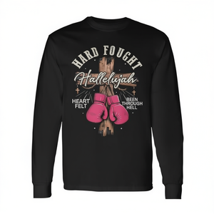 T-shirt à manches longues Hard Fought Hallelujah, motif de boxe chrétienne, gants roses, croix, déclaration de foi, vêtements unisexes pour adultes - Product Image 3