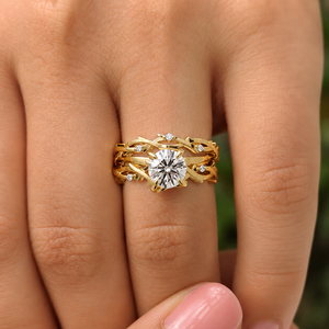 Thorn Branch Twig Bridal Set Round Lab Grown Diamond 14K Yellow Gold Engagement Set <b>Rings</b> IGI Certified Custom Jewelry Wholesale - Product Image 2