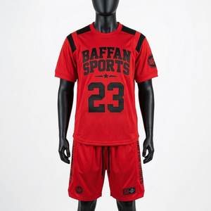 Conjunto Deportivo de Malla de Poliéster Premium de 160 GSM, Transpirable, con Paneles en Rojo y Negro en Contraste, Logotipo Personalizado con Transferencia Térmica para Hombre - Product Image 3