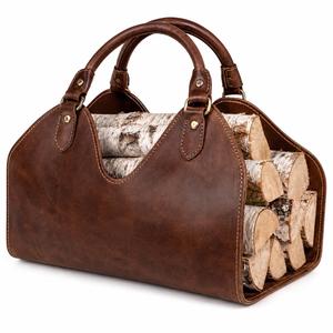 Sac de transport pour bois de chauffage en cuir véritable et bois, robuste, portable, fait main, style vintage, LWC-0066 - Product Image 1