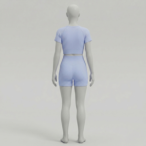 Conjunto Deportivo de 2 Piezas para Mujer, Top Corto sin Mangas, Pantalones Cortos de Cintura Alta, Color Azul Claro Sólido, Tejido de Poliéster/Algodón Transpirable con Cierre - Product Image 4