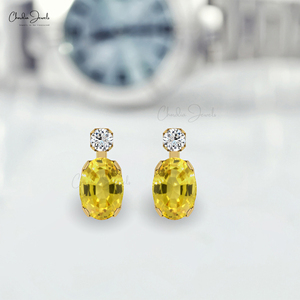 Nuevos Aretes de Zafiro Amarillo de 7x5mm con Engaste de Puntas y Diamantes en Oro Fino de 14k, Productos al por Mayor en Lotes - Product Image 5