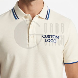 Polo de Manga Corta Color Crema para Hombre con Ribete Azul, Corte Regular, Estilo Casual Elegante, Tejido de Piqué de Algodón, Transpirable, Diseño Sólido - Product Image 2