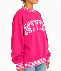 Sudadera de cuello simulado personalizada para mujer con ribete de lunares en contraste, aplique de letras, manga larga, holgada, informal, de fabricante - Product Image 2