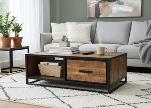 industrial <b>Wood</b> <b>Coffee</b> <b>Table</b> Storage Center <b>Table</b> <b>Square</b> Living Room End <b>Table</b> with Drawer and Open Shelf - Product Image 1