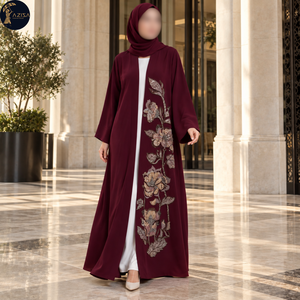 Maroon Botanical <b>Abaya</b> <b>Dress</b> for Women with Relaxed Long Sleeves Flowing Robe | Metallic Floral Front Panel Muslim Occasion Wear - Product Image 4