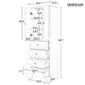 Armadio con Ripiani Regolabili, 2 Ante e 4 Cassetti in MDF con Finitura Verniciata per Bagno o Ufficio - Product Image 3