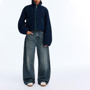 Custom Embroidery Women's <b>Navy</b> <b>Blue</b> Teddy <b>Fleece</b> Crop <b>Jacket</b> Stand Collar Full Sleeve Zipper Closure Winter Warm Borg <b>Jacket</b> - Product Image 4