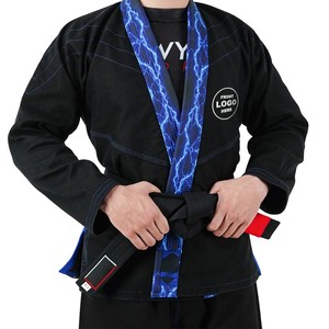 <b>Men</b> BJJ <b>Kimono</b> Uniform Black With Blue Lightning Print Quick Dry Polyester Martial Arts Wear Front Logo Customizable - Product Image 5