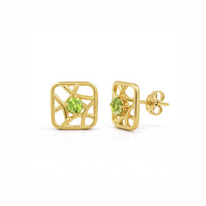 Pendientes de Plata de Ley 925 con Peridoto, Diseño Árabe, Chapados en Oro, Geométricos, con Piedra Preciosa Redonda, Joyas Ishime - Product Image 1