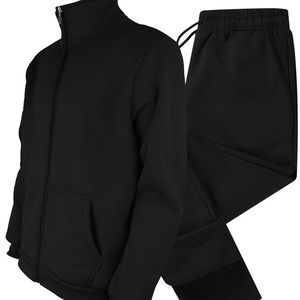 Ensemble de survêtement noir pour homme, veste zippée intégrale et pantalon à taille élastique, tenue décontractée d'automne - Product Image 3