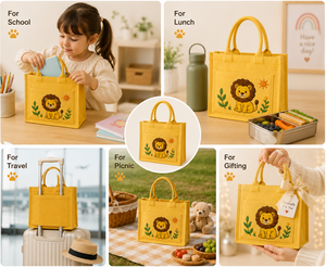 Cute Cartoon Lion Jute Tote <b>Bag</b> <b>Medium</b> <b>Size</b> Hand Length Handle Daily Shopping <b>Bag</b> Yellow - Product Image 4