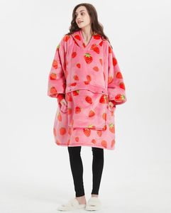 <b>Pink</b> Strawberry Printed Plush Wearable <b>Blanket</b> Hooded Full Length Soft Cozy One Piece Sleepwear - Product Image 1