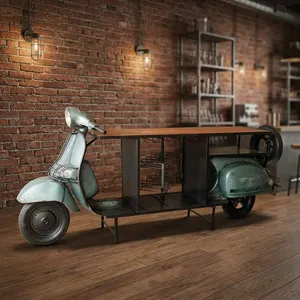 Comptoir de bar vintage en bois de scooter recyclé, reproduction industrielle sur le thème automobile, 240x50x110cm, pour café et restaurant - Product Image 3