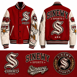 เสื้อแจ็คเก็ตวาร์ซิตี้สีแดงขาวสำหรับผู้ชาย แบรนด์ Sinewy Sports ตกแต่งด้วยแพทช์  แขนเสื้อทำจากหนังและผ้าขนสัตว์ สไตล์สตรีทแวร์ฮิปฮอปยุค 90 - Product Image 1