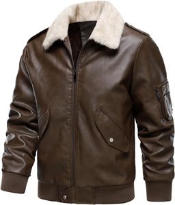 Chaqueta Bomber de Cuero PU Marrón para Hombre, con Cuello de Piel Sintética, Cierre de Cremallera Frontal, Estilo Motero, Gruesa para Invierno, Color Sólido, Manga Regular - Product Image 5