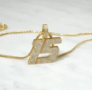 Pendentif personnalisé en argent sterling plaqué or avec 15 chiffres, serti de moissanite, bijoux hip-hop pour femmes - Product Image 1