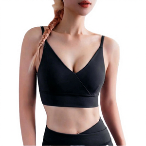 Soutien-gorge de sport sans couture à bretelles et décolleté en V profond pour femme, maintien moyen, couleur unie violet - Product Image 4