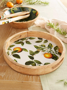 Plateau de service émaillé en bois fait main, motif végétal, arbre fruitier orange, poignées larges, design classique, cadeau - Product Image 3