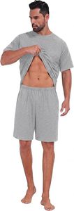 Conjunto de Pijama de Dos Piezas para Hombre, Talla Grande, Verano, Casual, 100% Algodón, Tejido de Punto, Color Sólido, Gris, Camiseta de Manga Corta y Pantalones Cortos - Product Image 6