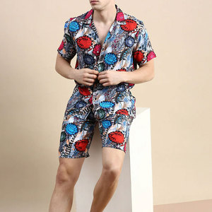 Ensemble chemise et short à manches courtes pour homme, imprimé floral, col en V, coupe classique, vêtements décontractés, tissu polyester respirant - Product Image 2