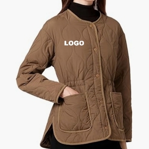 Chaqueta Acolchada Marrón para Mujer, Cuello Mao, Manga Larga, Relleno de Poliéster, para Otoño - Product Image 1