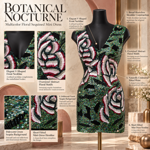 Botanical Nocturne <b>Floral</b> Sequin Mini <b>Dress</b> with Deep V Neck | Green Pink Multicolor Sleeveless <b>Cocktail</b> <b>Dress</b> with Fitted Waist - Product Image 5