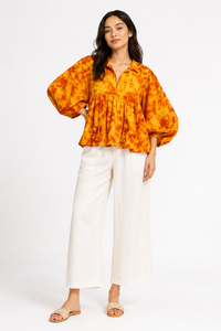 Boho Mustard Tie Dye Printed <b>Tunic</b> Top Women V-Neck Collar Loose <b>Beach</b> Wear Casual Peplum Shirts Summer Boho Blouse Cotton - Product Image 2