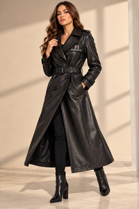 Women's Genuine Sheepskin <b>Leather</b> <b>Coat</b> <b>Long</b> Black <b>Leather</b> <b>Trench</b> <b>Coat</b> Double Breasted Belted Real <b>Leather</b> Overcoat Custom Logo - Product Image 4