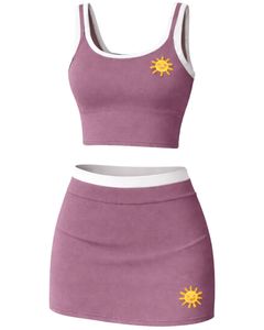 Ensemble jupe deux pièces mauve personnalisé pour femme : débardeur court avec patch graphique et mini-jupe taille haute extensible – Tenue décontractée d'été - Product Image 1