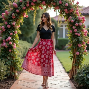 Falda gitana Bohemia hecha a mano para mujer cómoda y flexible con patrón de copo de nieve de longitud completa disponible en rojo y rosa - Product Image 1