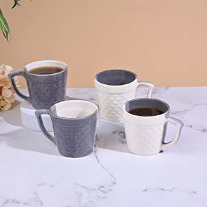 Clouded Grey Etched Scale Glazed Ceramic <b>Mug</b> Set of 4 <b>Large</b> Capacity Microwave Safe with Saucers - Product Image 5