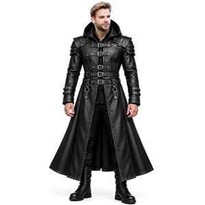 Men's Black Gothic <b>Leather</b> <b>Long</b> <b>Coat</b> Hooded Steampunk <b>Trench</b> <b>Coat</b> with Multiple Buckle Straps Shoulder Armor Design Custom - Product Image 3